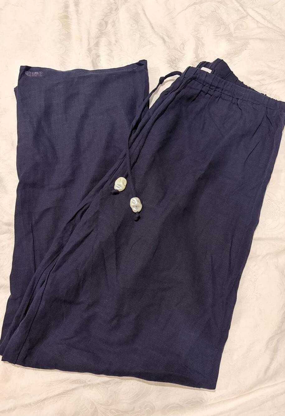 Navy Blue Linen Blend Pearl Top and Wide Leg Pants Set M